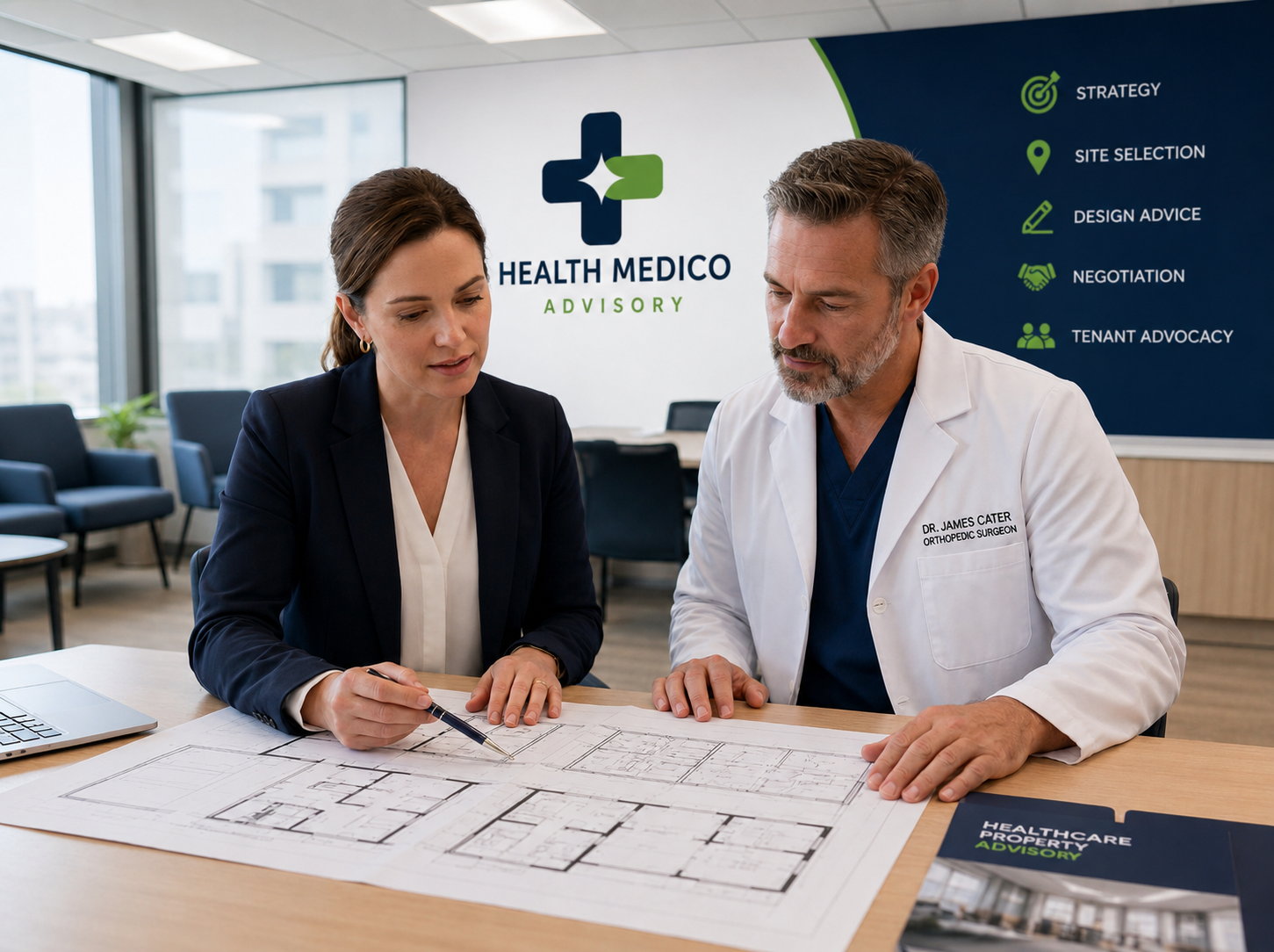 Healthcare property advisor reviewing floor plans with an orthopaedic surgeon in a modern Health Medico Advisory office